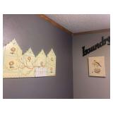 Assorted Home Decor Items: Birdcage Key Holder, Framed Needlepoint, Wall Art and Laundry Room Accents