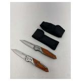 Two Auto Folding Pocket Knives with Wood Handles