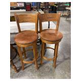 Pair of Oak Bar Stools with Leather Seats - 30 Inch