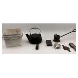 Cast Iron Tea Kettle, Fishing Weight Mold and Assorted Metal Items