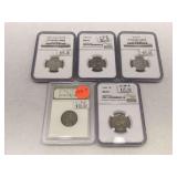 Graded Jefferson Nickels: 1939-P, 1963, 1967, 2005-S, 2010-S