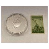 US Marine Corps Silver Dollar Coin and Iwo Jima Stamp