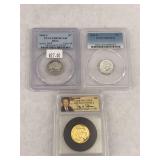 PCGS Certified US Coins: 2005-S Bison Nickel, 1956-D Roosevelt Dime, and Gold-Plated Buffalo Nickel