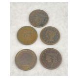 Mixed Lot of Five US Large Cent Coins
