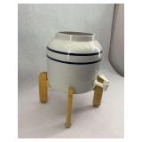 Ceramic Water Dispenser with Blue Stripes and Wooden Stand