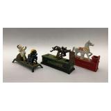 Collection of Three Mechanical Banks: Trick Pony, Show Jumper, and Seated Man