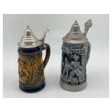 German Salt-Glazed Beer Stein Pair with Pewter