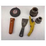 Mixed Lot of Tools and Parts: Metal Pulleys, Tape Measure, Scraper, and More