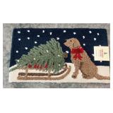 Hand Hooked Accent Rug with Dog and Christmas Tree