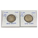 Cuban Silver Coins 1949 20 Cts and 1953 25 Cts