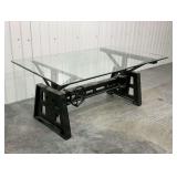 Industrial Crank Base Glass Top Dining Table
