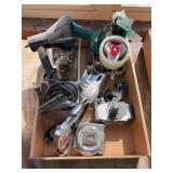 Box of Assorted Tools and Workshop Supplies Including Dymo Tapewriter and Measuring Tape