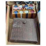 Wooden Poker Chip Caddy with Chips and Playing Cards