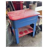 Parts Washer with Blue Basin, Red Lid, and Lower Shelf