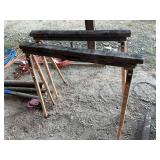 Pair of Adjustable Metal Sawhorses with Wooden Tops