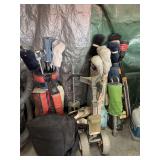 Golf Equipment Assortment Including Bags, Clubs, Cart, and Shoes