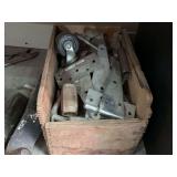 Assorted Hardware in Wooden Box including Hinges, Caster, and Pipe Coupling