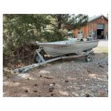 Valco Aluminum Fishing Boat with Evinrude 15 HP Outboard Motor and Calkins Trailer