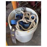 Bucket of Assorted Fall Protection Harnesses and Ropes
