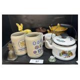 Shawnee Planter, Stoneware Mugs, Enamelware.,