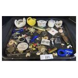 Various Pins, Trinket Boxes, Earrings.