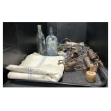 Vintage Meat Grinder, Glass Bottles, Feed Bag.