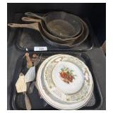 3 Cast Iron Skillets, Dinnerware, Utensils.