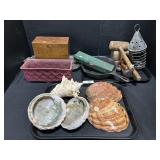 Primitive Wooden Tools & Box, Tray Of Sea Shells.