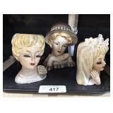 3 Vintage Lady Head Vases.