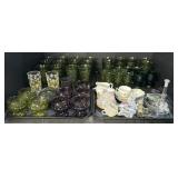 Green, Purple Glass Goblets, Metal Cookie Cutters.