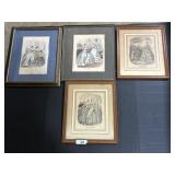 4 Framed Vintage Lady In Dresses Prints.