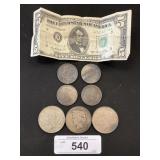 7 90% Silver Peace Dollars, Halves, Canada Cent.