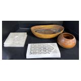 2 Decorative Wooden Bowls, Square Marble Lamp