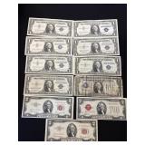 8 Blue Seal $1 Bills, 3 Red Seal $2 Bills.