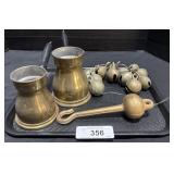 2 Brass Coffee Pots, Brass Pestle, Brass Bells.
