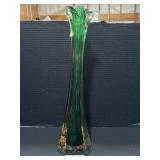 Hand Blown Green Stretched Swung Glass Vase.