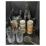 Silver Plated Tea Kettle Stands, Beer Steins.