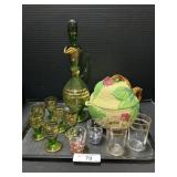 Art Glass Decanter & Glasses, Japan Lemon Tea Pot.