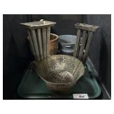 Antique Candle Molds, Enamelware Strainer.