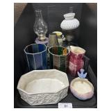 Hurricane Lamps, Ceramic Planters & Pitcher.