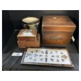 Stone Arrowheads, Wood Boxes, Ceramic Planter.