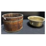 Vintage Brass Spittoon, Firkin Wooden Bucket.