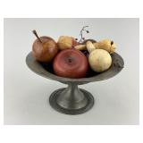 Antique Pewter Compote & Wooden Fruit.