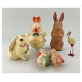 Early Celluloid Easter Rabbits & Crane Toys.