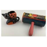 Halloween Candy Container, Tin Litho Noisemaker.