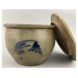 Antique Blue Slip Stoneware Crock & Lid.