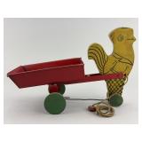 Vintage Wood Chicken Tin Litho Cart Pull Toy.
