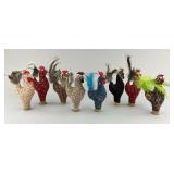 Handmade Plush & Feather Spool Hen Ornaments.