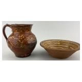 Early Redware Pottery Yellow Slip Pitcher & Bowl.