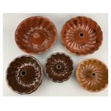 5 Pennsylvania Redware Pottery Bundt Cake Molds.